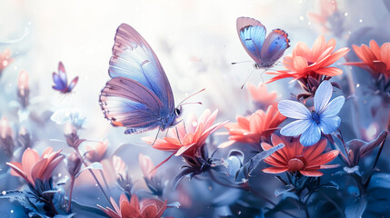 Wall Mural - Delicate beauty: watercolor butterflies on flowers