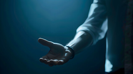 Poster - The man is standing and shows an outstretched hand with an open palm Businessman showing empty hand and presenting with hand empty copy space Open hand Holding giving showing presentin : Generative AI