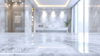 Poster - Empty marble table top with blurred bathroom interior background : Generative AI
