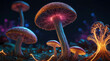 Psychedelic fluorescent glowing mushrooms in the night forest. Surreal background. Generative Ai.	