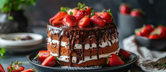 Wall Mural - Chocolate cake with strawberries on a plate