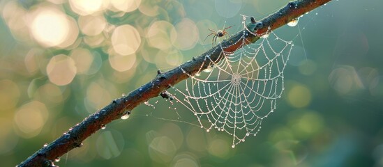 Wall Mural - Spider web on branch with dew drops