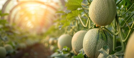 Wall Mural - Ripe melons growing on the vine in a sunlit greenhouse, early morning