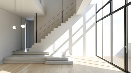 Wall Mural - Contemporary home with minimal furnishings and decor light wood floor stairs white walls large windows with black frames and simple style : Generative AI
