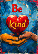 Bright Vibrant Inspirational Poster with Be Kind Message, Red Heart Held by Two Hands, Colorful Artistic Background, Encouragement, Kindness Concept, Motivational Artwork