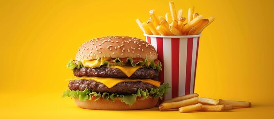 Wall Mural - Hamburger and french fries on yellow background