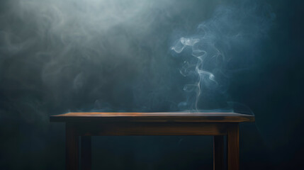 Poster - empty wooden table with smoke float up on dark background : Generative AI