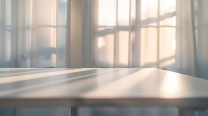 Poster - Empty white desk with morning light and shadows of windows with copy space summer concert Blurred backdrop abstract background for display product : Generative AI