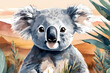 Whimsical cartoon Koala portrait: playful expression, big eyes, holding eucalyptus. Ideal for kids' books and Aussie promotions