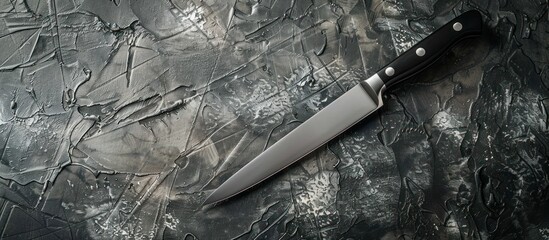 A sharp stainless steel knife with a black handle laying on top of a metal surface.