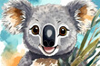 Whimsical cartoon Koala portrait: playful expression, big eyes, holding eucalyptus. Ideal for kids' books and Aussie promotions