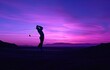 Silhouette of man playing golf against beautiful purple and blue sky at sunset Generative AI