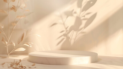 Poster - abstract background empty podium stage showroom for products with sunlights and leafs shadows summer background room podium : Generative AI