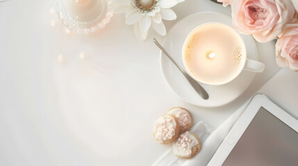 Poster - Morning cup of coffee on the shabby white desk with digital tablet with empty screen candle and fresh cookie Beautiful spring desktop with pastel accents Female desktop Top view with c : Generative AI