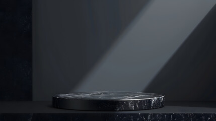 Poster - Dark stone podium for beauty and spa cosmetic brand product placement on black background wall Luxury granite natural material and neutral aesthetic bathroom shelf Minimal trendy mocku : Generative AI