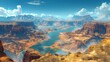 A vast, arid canyon carved over millennia by the meandering path of a crystal-clear river far below