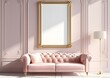 Photo of a large, blank white frame on the wall above an elegant pink velvet sofa Ai generative
