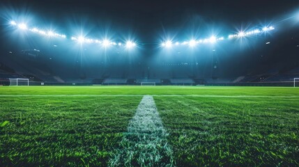 Close-up of a soccer field with a soccer stadium in the background at night