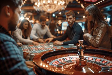 Group of young friends gambling at the roulette of fortune table in the casino