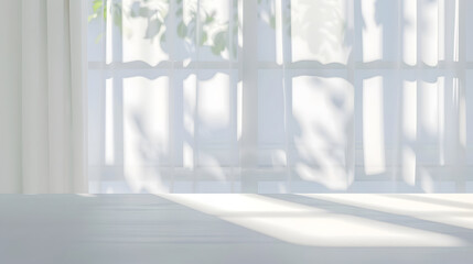 Poster - Empty white desk with morning light and shadows of windows with copy space summer concert Blurred backdrop abstract background for display product : Generative AI