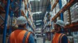 Two workers discussing in a large distribution warehouse