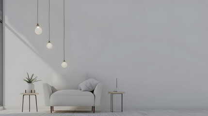 Aufkleber - Interior living room wall mockup with sofa chair side table and hanging lights on white wall background with wooden flooring : Generative AI