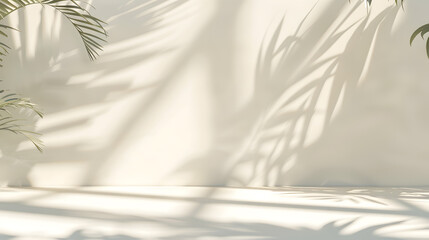 Fototapete - Abstract white studio background for product presentation Empty room with shadows of window and flowers and palm leaves  3d room with copy space Summer concert Blurred backdrop : Generative AI