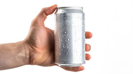 Poster - Closeup of hand holding Empty aluminum can with condensation isolated on white Background front view : Generative AI