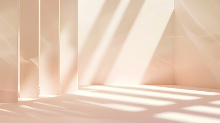 Poster - Empty Studio 3d exhibition background  pastel creamy beige stage with soft natural abstract diagonal window light and shadows Minimal architectural scene for product mock up Front view : Generative AI
