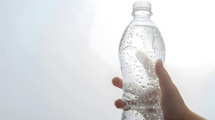 Poster - Closeup of hand holding Empty plastic Bottle with condensation isolated on white Background front view : Generative AI