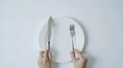 Poster - Fork and knife in hands on white background with white empty plate : Generative AI