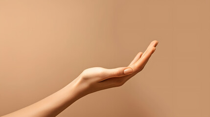 Wall Mural - Beautiful woman hand isolated on brown background Empty open female hand on cream background with copy space Close up of elegant palm faced upwards with space for your product : Generative AI