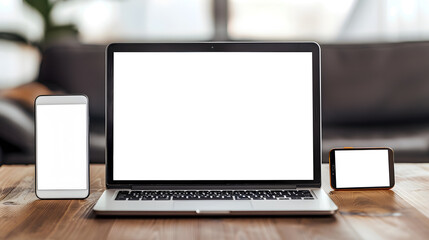 Poster - Tablet pc and laptop computer isolated white screen with mobile smartphone on wood table for mock up design or advertising display : Generative AI
