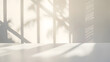 © Generative AI - Empty white desk with morning light and shadows of windows with copy space summer concert Blurred backdrop abstract background for display product : Generative AI