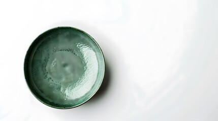 Aufkleber - Empty trendy handmade ceramic dish tablewares Round empty plate green texture vintage classic pattern isolate on white background top view cut out : Generative AI