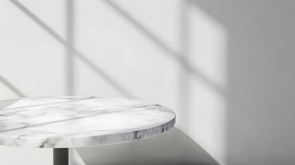 Poster - Marble table with window shadow drop on white wall background for mockup product display : Generative AI