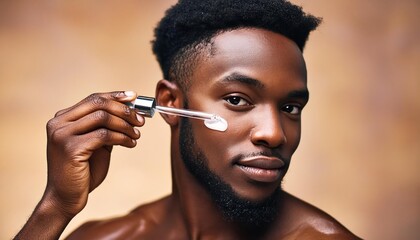 Young black man applying beauty serum on his face. Confident young man taking care of his