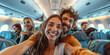 © Art-Park - Happy tourist taking selfie inside airplane. Cheerful couple on summer vacation. Passengers boarding on plane.