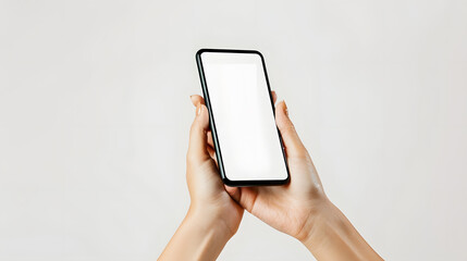 Aufkleber - Close up of woman hand holding modern smart phone mockup New modern black frameless smartphone mockup with blank white screen Isolated on white background high quality studio shot Mode : Generative AI