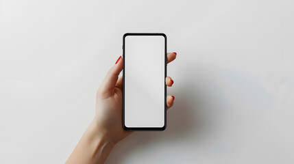 Aufkleber - Close up of woman hand holding modern smart phone mockup New modern black frameless smartphone mockup with blank white screen Isolated on white background high quality studio shot Mode : Generative AI