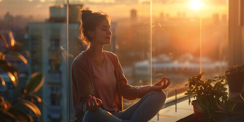 Young woman practicing breathing yoga pranayama outdoors on apartment balcony in big city on early morning. Unity with nature concept.