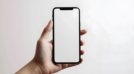 Poster - Close up of woman hand holding modern smart phone mockup New modern black frameless smartphone mockup with blank white screen Isolated on white background high quality studio shot Mode : Generative AI