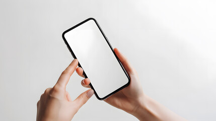 Aufkleber - Close up of woman hand holding modern smart phone mockup New modern black frameless smartphone mockup with blank white screen Isolated on white background high quality studio shot Mode : Generative AI