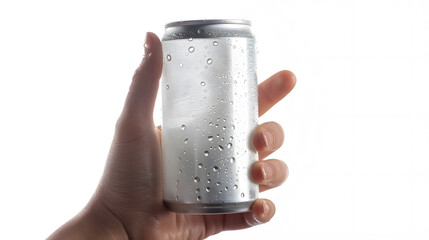 Poster - Closeup of hand holding Empty aluminum can with condensation isolated on white Background front view : Generative AI