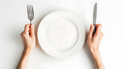 Poster - Fork and knife in hands on white background with white empty plate : Generative AI