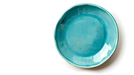 Aufkleber - Empty trendy handmade ceramic dish tablewares Round empty plate Pastel blue turquoise aqua texture vintage classic pattern isolate on white background top view cut out : Generative AI