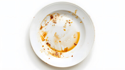 Poster - Dirty Plate Isolated Empty Bowl after Dinner Finished Lunch Oil and Smeared Sauce on White Plate Background Top View : Generative AI