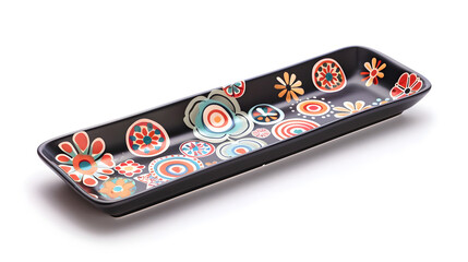 Aufkleber - Empty rectangular plate Black ceramics plate with colorful pattern isolated on white background with clipping path Side view : Generative AI