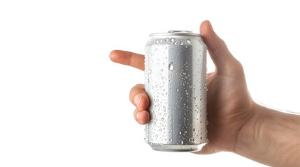 Poster - Closeup of hand holding Empty aluminum can with condensation isolated on white Background front view : Generative AI