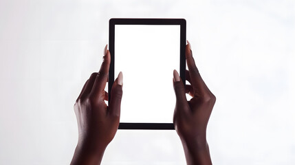 Aufkleber - Close up of african american woman hands showing digital tablet against white background with empty screen Black girl hands holding digital tablet with blank screen isolated : Generative AI